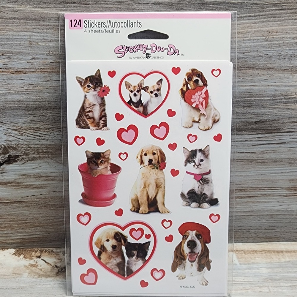 American Greetings Sticky-Doo-Da Stickers Kittens Puppies Hearts 4 Sheets 124ct